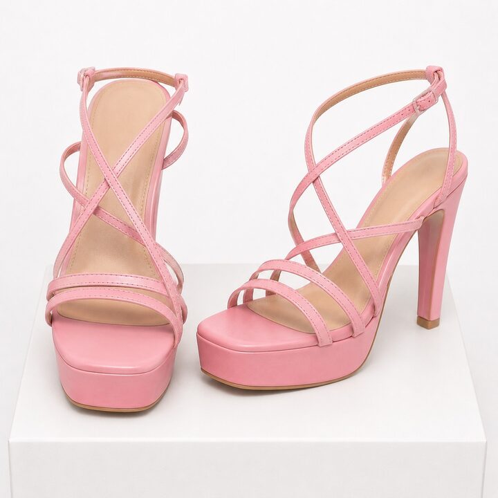 A pair of pink strappy platform heels with crossover ankle straps