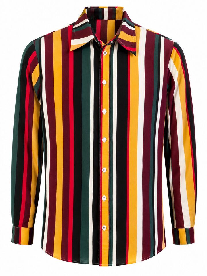 A long-sleeve shirt in bold red, gold, green and cream stripes