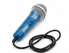 A blue handheld dynamic microphone with cable