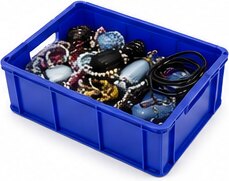 A blue crate filled with mixed costume jewellery and hair ties