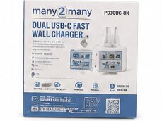 A dual USB-C fast wall charger in retail packaging