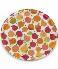 A side plate printed with oranges, pears and berries