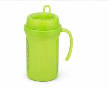 A green toddler cup with a handle and spout