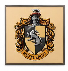 A framed Hufflepuff house crest plaque