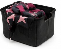 A black and pink star-print scarf in a fabric basket