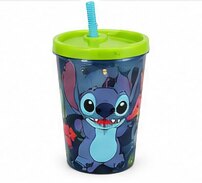 A Stitch-themed travel cup with a blue straw