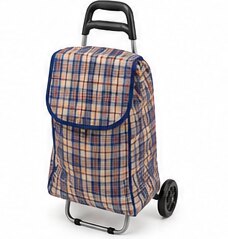 A tartan-patterned wheeled shopping trolley