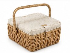 A lidded wicker sewing basket with a fabric lining